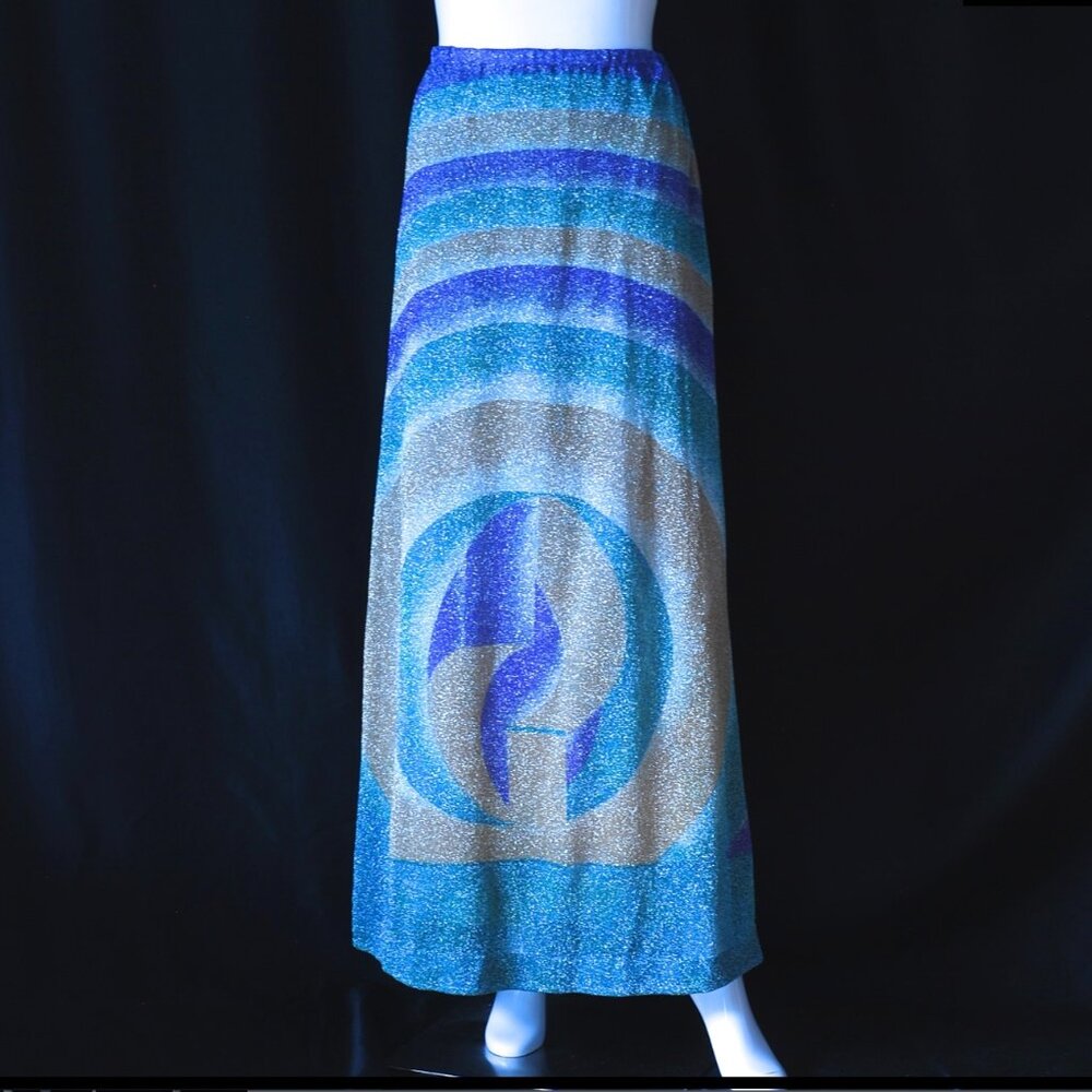 Avanti 1970's Blue Patterned Lurex Maxi Skirt - Italy
